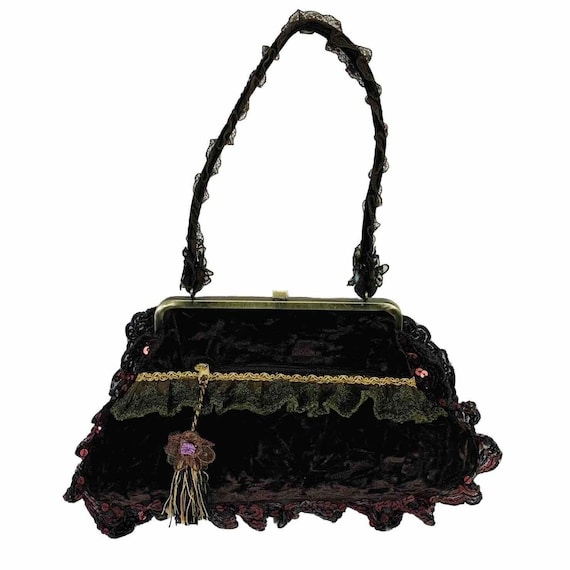 Vintage Chic Ziba Velvet Beaded Purse, Cottagecore Floral Lace