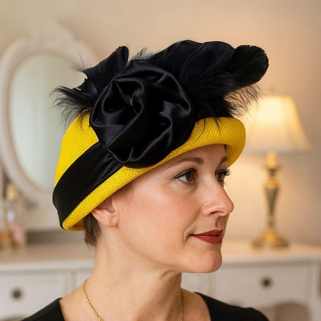 Mr Charles Yellow Feather Hat Fascinator VTG Retro Church Tea Party 50s Style Vintage WHITTALL & SHON Ladies Church Hat Yellow & Black  main image 3
