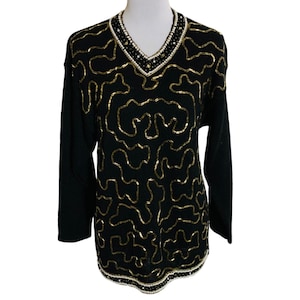 Victoria Harbour 90s Beaded Sequin Sweater Size M Long Sleeve Black Tight Knit Gold Swirls Party Evening Ware Retro Style Vintage Chic