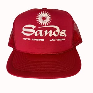 Iconic Sands Hotel Casino Trucker Hat Las Vegas VTG Red Mesh Cap Snapback Sun Logo Rat Pack Nevada Memorabilia Collector