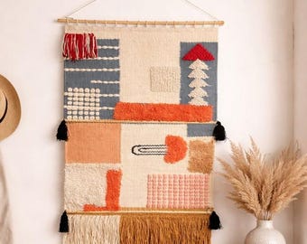 Southwest Artisan Wall Hanging Large Woven Tapestry Handmade India Textile Art, Neutral Earth Tone Desert Modern Decor