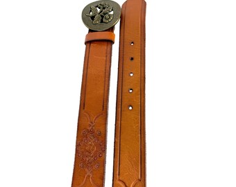 Old Navy Leather Belt Size S Floral Brass Buckle Cognac  display picture 1