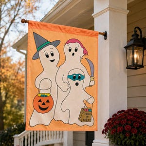 Bandiera vintage di Halloween con la famiglia di fantasmi "Dolcetto o scherzetto?", striscione in nylon per giardino, decorazione retrò autunnale da appendere al muro.