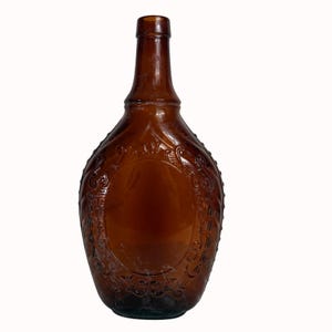 Rustic Amber Glass Whiskey Bottle Vintage Ornate Embossed Design Unique Oval Patterned Center Bar Mancave Lodge Decor