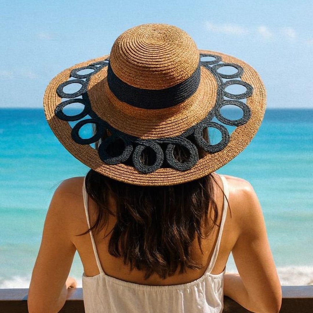 Coastal Bold Wide Brim Straw Sun Hat, Cutout Infinity Loop Brim Resort ...