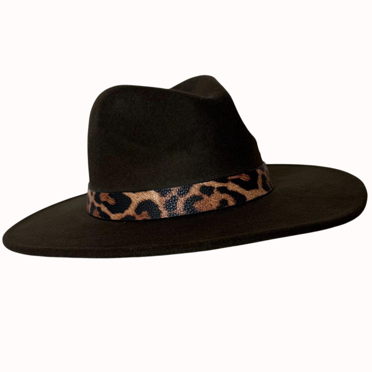 COG New York Brown Rancher Hat With Leopard Band, Wide Brim 