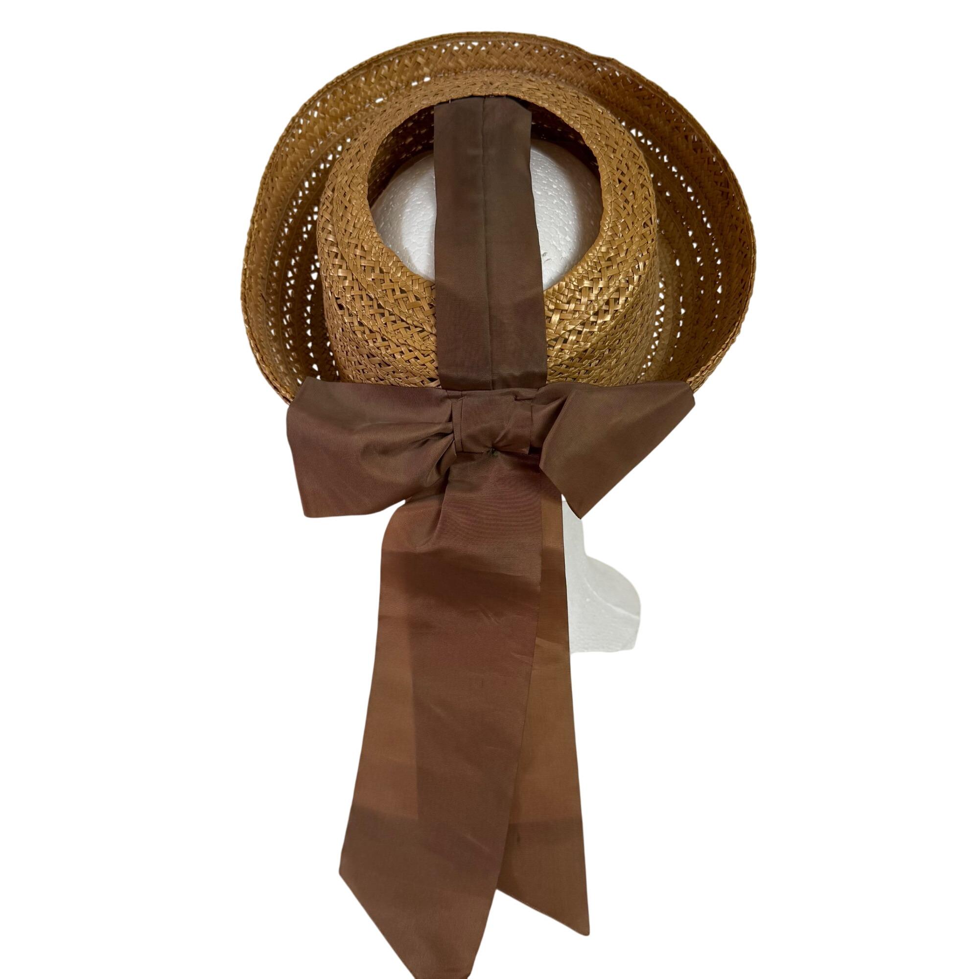Natural Straw Boater Hat Open Crown VTG 1940s Brown Ribbon  display picture 1