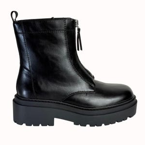 May include: Black leather ankle boot with a chunky platform sole. The boot features a front zipper closure and a pull tab at the back. The sole is approximately 2 inches high. The boot has a rounded toe and a smooth, polished finish.