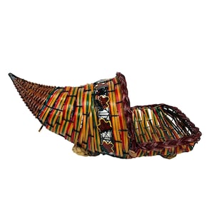Autumn Harvest Cornucopia Horn of Plenty Footed Wicker Woven Basket Thanksgiving Centerpiece Colorful Accents Home Table Decoration Seasonal