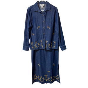 Cervelle Denim Maxi Dress 2 Piece Set Size L Blue Jean Jacket and Long Skirt Vintage 90s Golden Floral Artsy Embroidered Lagenlook