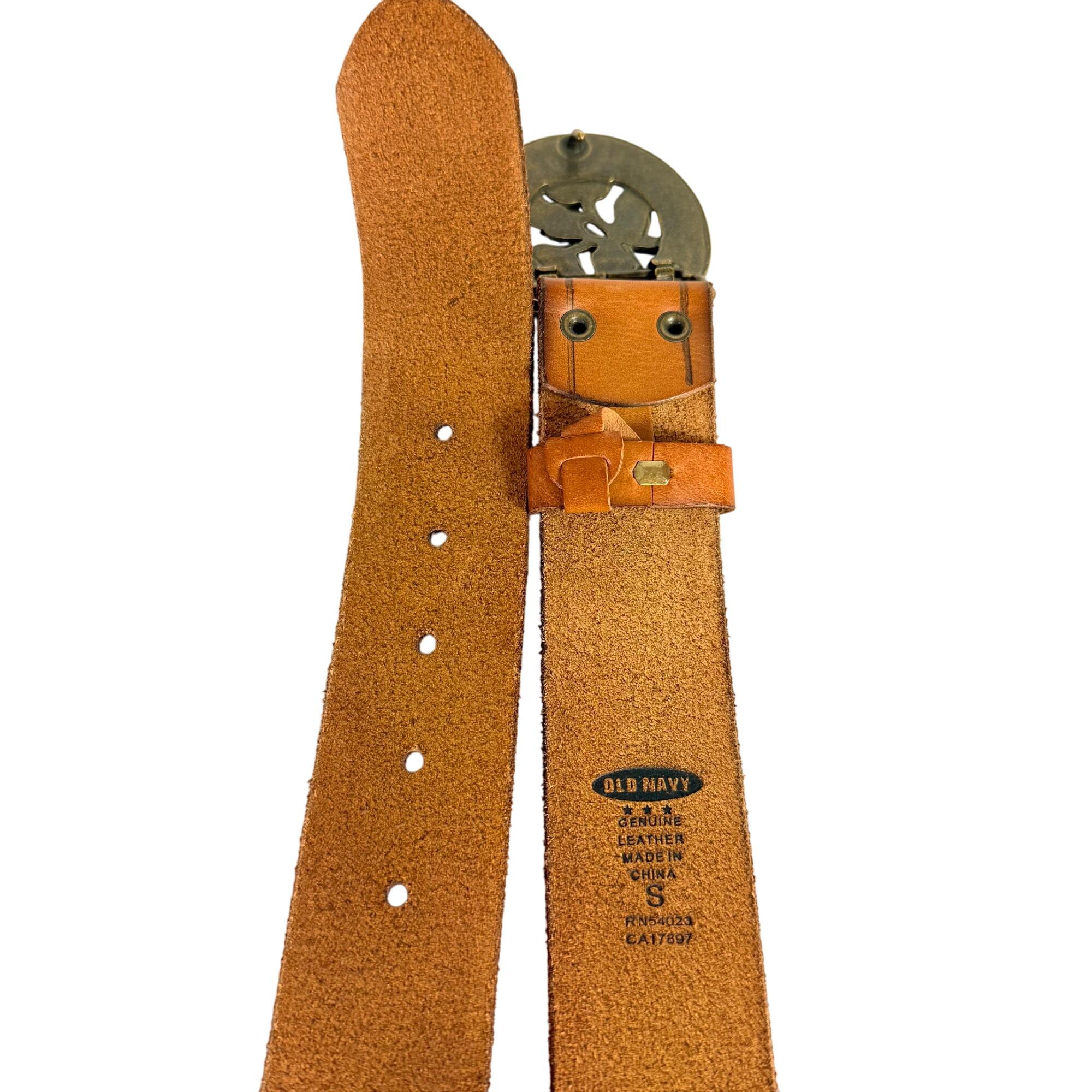 Old Navy Leather Belt Size S Floral Brass Buckle Cognac 