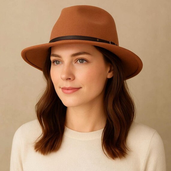 Tan Wide Brim Fedora Hat With Black Faux Leather Band  display picture 1