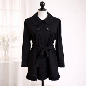 Vintage Elle Black Trench Coat Size M, Peter Pan Collar Ruffle Hem Feminine Classic Lightweight Belted Jacket