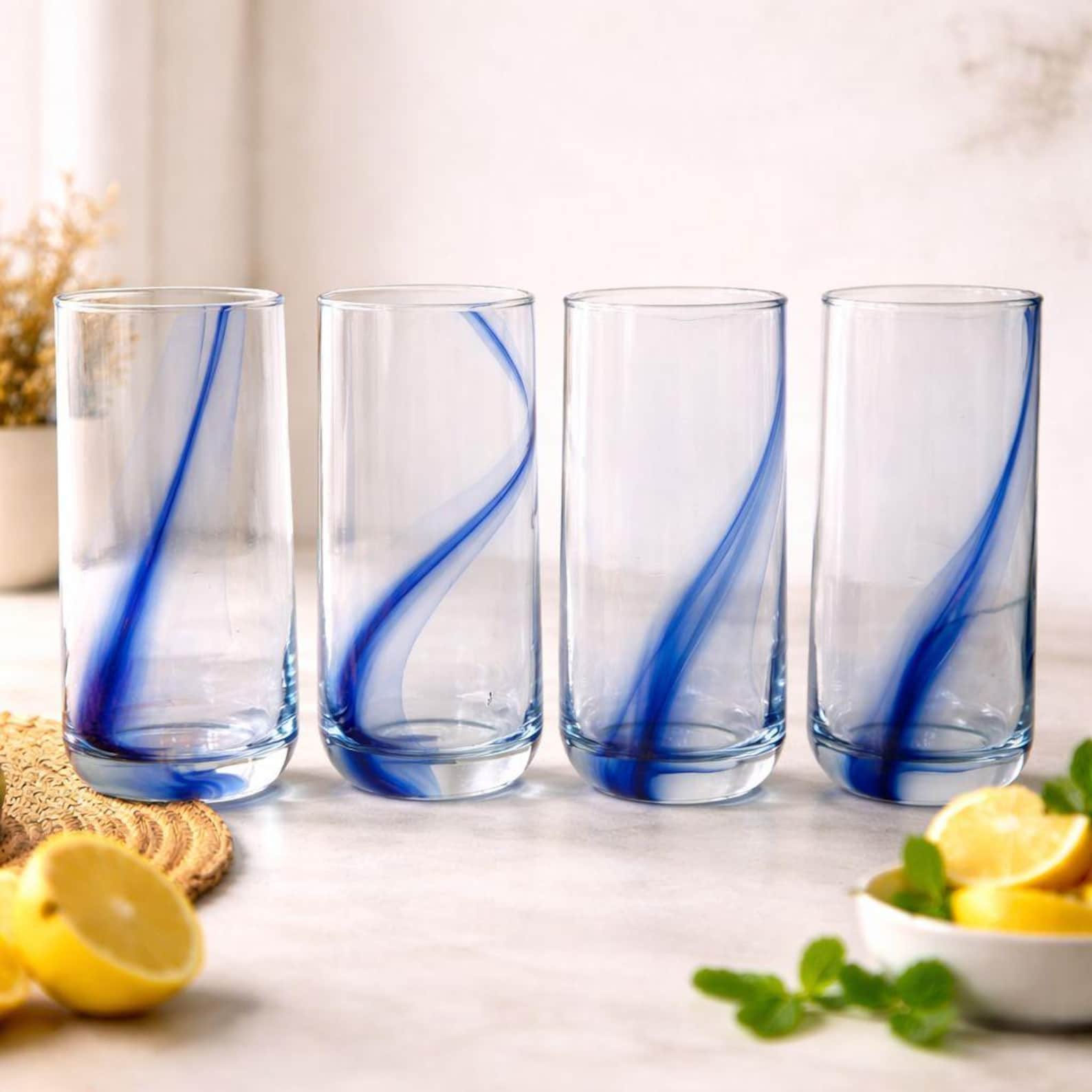 Vintage Libbey Blue Ribbon Impressions Glasses Set of 4, Retro Cobalt Swirl Tumblers 16 oz, MCM Barware Highball Drinkware