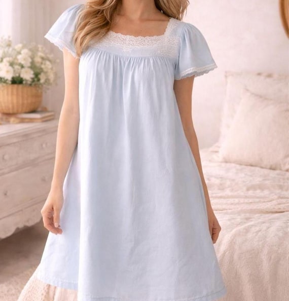 light blue nightgown dress Vintage Adonna Size L, Lace Trim Flutter Sleeve Cotton Blend Retro Sleepwear, Cottagecore Loungewear, USA SIBLING-DR21 Crafted from smooth combed Size:XL 17.5