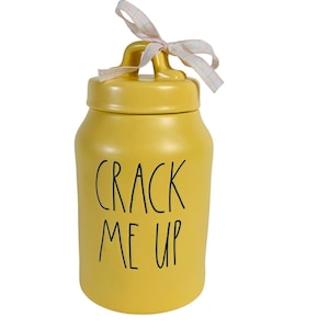 Rae Dunn Bauernhaus Gelb Keramik Kanister Crack Me Up Deckel Küche Jar Dekor Bauernhaus Lebensmittel Lagerung Humorvolle lustige Dekoration