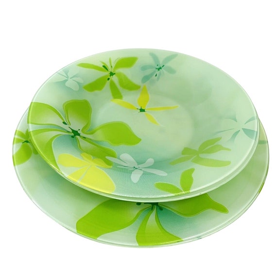 Luminarc 2 platos llanos 2 ensaladeras Ode verde vajilla de cristal templado floral Etsy Espana