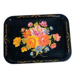 Retro Floral Metal Serving Tray Decorative Vintage 50s Rustic Farmhouse Hand Painted Kitchen Parlor MCM Farmers Market Cottage Core Display