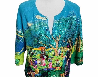 Vintage Michael Simon Sequin Cardigan Sweater Seurat Sunday Afternoon in the Park Size Large Art Creation Victorian Stunning