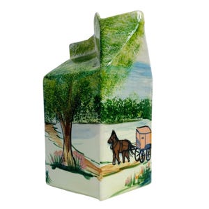 Farmhouse Amish Ceramic Milk Carton Vase Vintage 1977 Horse Buggy Artist Signed Farm Country Living Hand Painted