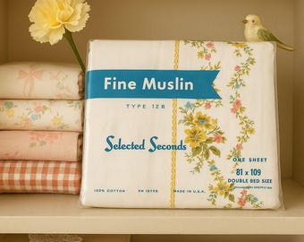 Vintage fint muslinlakan med blommigt tryck, 81x108 dubbelsäng, platt, 1970-talets nya, gamla sängkläder, 100 % bomull, retro sängkläder i cottagecore