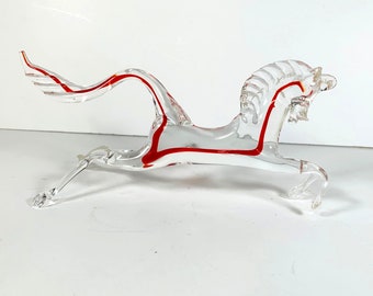 VTG Murano Glass Running Horse Figurine Red Ribbon MCM Sculpture 8.5" RARE