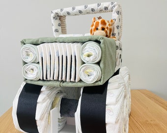 Safari Diaper Jeep, Jungle Safari Theme Baby Shower, Giraffe Elephant Lion, 4x4 Diaper Cake, Sage and Beige Jeep Cake, Adventure Awaits