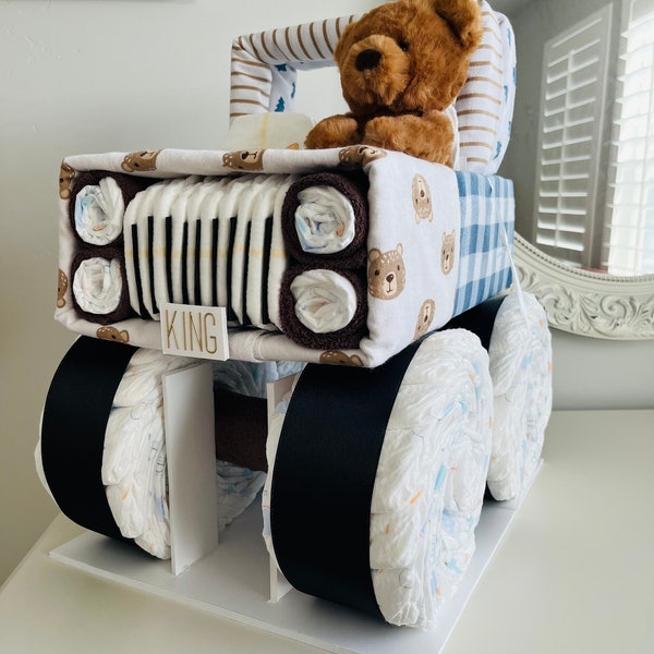 Teddy Bear Diaper Jeep, Diaper Truck, Boy Baby Shower Gift, We Can Bearly Wait, Adventure Awaits, 4x4 Diaper Jeep Cake for Baby Boy