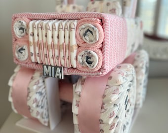 Elephant Diaper Jeep Cake, Elephant Diaper Cake, Girl Baby Shower Gift, Pink & Gray Diaper Cake, 4x4 Diaper Jeep, Girl Diaper Jeep