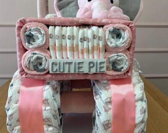 Minky Elephant Diaper Jeep Cake, Elephant Diaper Cake, Girl Baby Shower Gift, Pink & Gray Elephant Blanket, 4x4 Jeep, Girl Diaper Cake Jeep