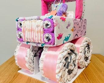 Girl Dinosaur Diaper Jeep Cake, Pink and Purple Diaper Jeep, Dino Girl Diaper Cake Baby Shower Gift, 4x4 Girl Diaper Jeep Cake