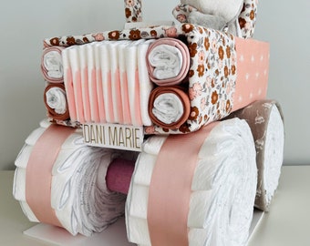 Boho Fawn Diaper Jeep Cake, Boho Diaper Cake Jeep, Girl Baby Shower Gift, Boho Daisy Diaper Cake, 4x4 Diaper Jeep, Girl Diaper Jeep