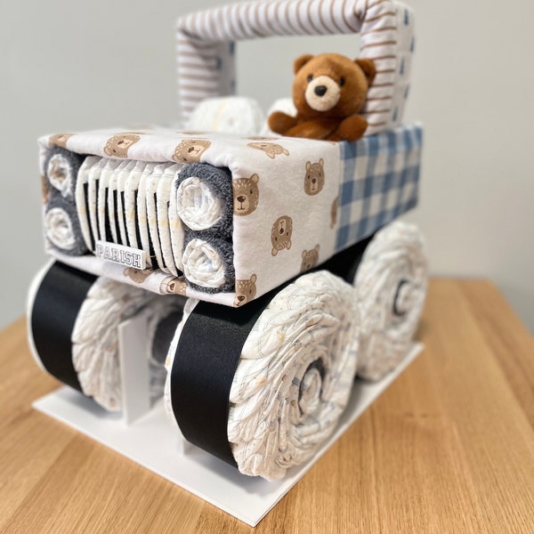 Teddy Bear Diaper Jeep, Diaper Truck, Boy Baby Shower Gift, We Can Bearly Wait, Adventure Awaits, 4x4 Diaper Jeep Cake for Baby Boy, Blue