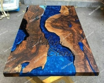 Blue Epoxy River Dining Table – Solid Wood Slab – Handmade Resin Tabletop – Rustic Modern Furniture – Office or Home Decor