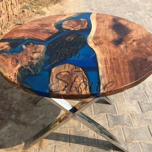 Round Epoxy Table, Round sofa Table, Side center tabletop, Live Edge Walnut Table, Custom Order, Blue Epoxy Resin River Table, Natural Wood