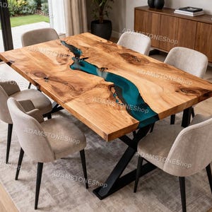 Live Edge River Table, Blue Epoxy Resin Dining Table, Walnut Wood Table, Custom Dining Table, Modern Industrial Furniture Edge Walnut Table,