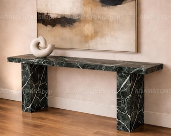 Green Spider Marble Console Table – Luxury Stone Entry Table – Modern Pedestal Foyer Table – Natural Green Marble Furniture – Spider Marble