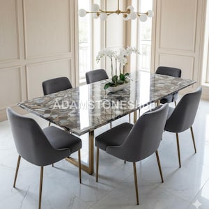 Handmade Gray Agate Gemstone Dining Table with Gold Base – Luxury Semi Precious Stone Furniture Elegant Agate Stone Dining Conference Table