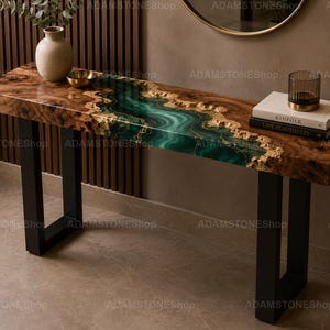 Emerald Green Epoxy River Console Table, Burl Wood Entryway Table,Handmade Hallway Furniture Handmade Emerald Epoxy River Console Table