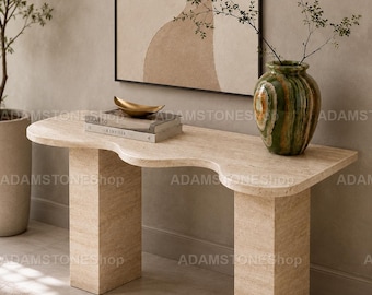 Handmade Travertine Console Table – Luxury Modern Hallway Furniture Wavy Edge Stone Console Table – Elegant Neutral Modern Entryway Décor