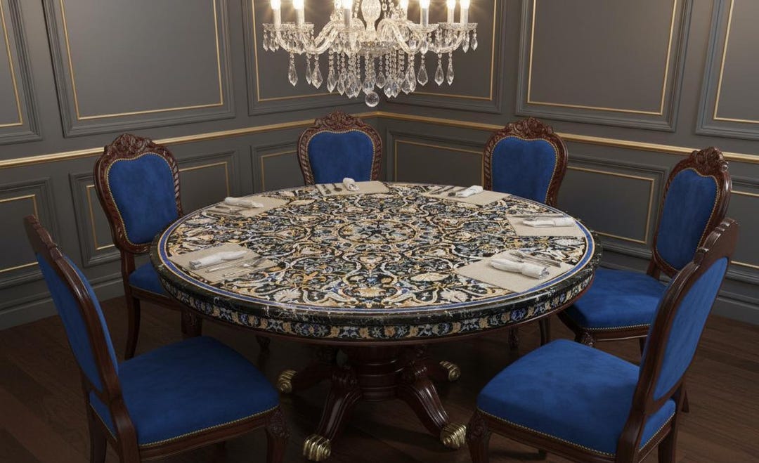 Luxury Round Black Marble Dining Table – Intricate Floral Semi-precious ...