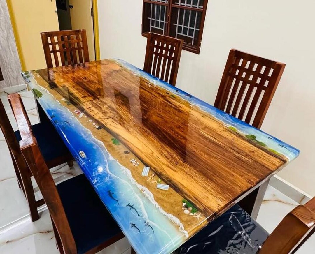 Blue Ocean Resin River Table | Live Edge Wood Dining Table | Ocean ...