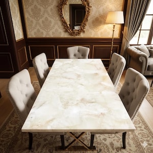 Handmade White Onyx Dining Table Luxury Rectangular Semi Precious Stone Furniture Elegant White Marble Dining Table Modern Gold Luxury table