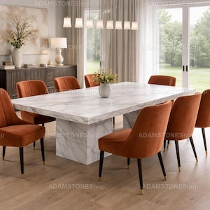Carrara Calacatta Marble Dining Table – Large Rectangular White Stone Kitchen Table – Luxury Pedestal Marble Table – Custom Modern Furniture