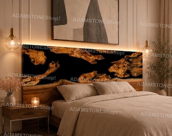 Black Epoxy River Headboard, Live Edge Walnut Wood Bed Headboard, Luxury Resin Bedroom Furniture Handmade Black Epoxy Resin Headboard