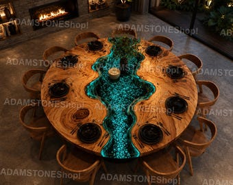Handmade Glowing Epoxy River Dining Table, Luxury Live Edge Wood Table, Blue Resin Ocean Wave Dining Table, Modern Statement Furniture