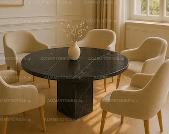 Luxury Black Marble Round Dining Table – Modern Pedestal Stone Table for Elegant Dining Room Black Marble Dining Table Round Stone Table