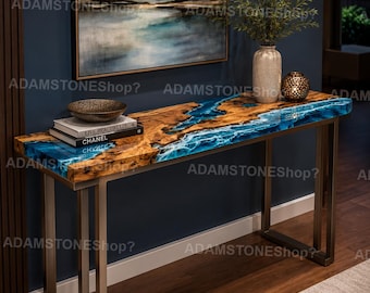 Ocean Wave Epoxy Resin Console Table Live Edge Olive Wood Entryway Table | Coastal Blue Resin Sofa Table Handmade Ocean Resin Console Table