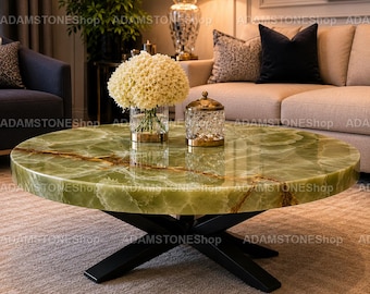 Luxury Green Onyx Round Coffee Table – Modern Stone Center Table Handmade Green Marble Coffee Table  Round Luxury Living Room Table