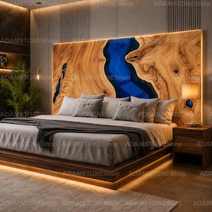 Blue Epoxy River Headboard Live Edge Wood Headboard Handmade Resin Bed Headboard Luxury Bedroom Wall Decor Ocean Blue Epoxy Resin Headboard